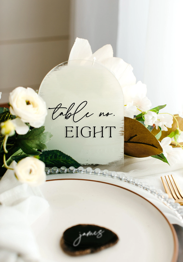 Acrylic Table Numbers, 5"x7" With Stands, Seating Arrangement, Modern Decor, Clear, Frosted, Painted Back, Custom, Script - Protea
