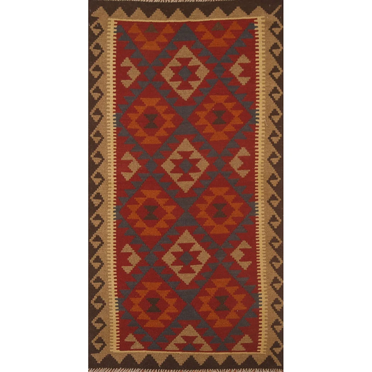 Geometric Kilim Oriental Area Rug Flat-weave Multi-Color Wool Carpet - 3'6" x 6'8"