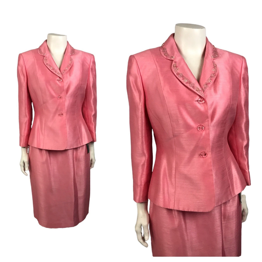 1990S Pink Suit Dress Set/Nos Beaded Blazer & Pencil Skirt Women's Medium Petite 8P