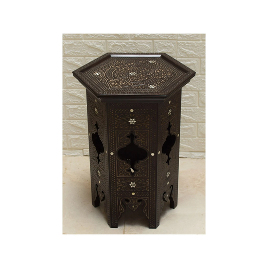 Hand Carved Syrian Table, Mother Of Pearl Inlaid Wood Side Moroccan Furniture, Wooden Coffee Carved Table