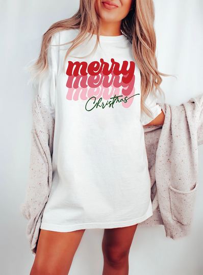 Merry 3x Christmas, Comfort Colors Shirt, Smile Retro Tee, Crew Neck, Short Sleeve, Oversized, Holiday