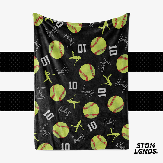 Softball Collage, Personalized Text, Any Color Background. 3 Sizes 30"x40", 50"x60" & 60"x 80". Get A Measuring Tape For Blanket Size