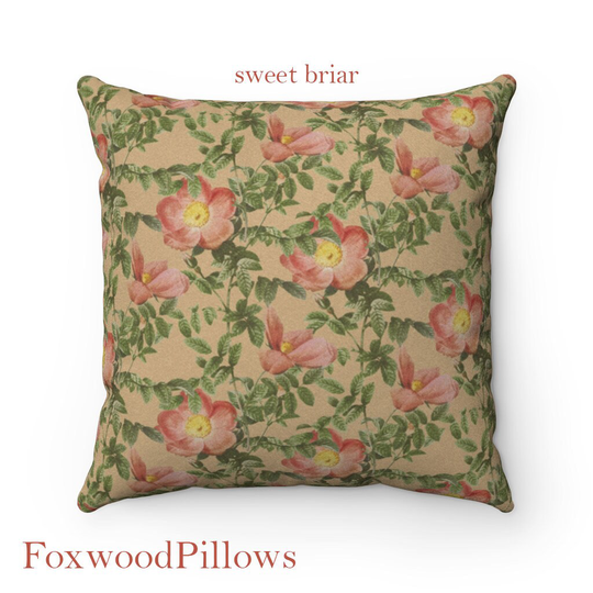 Pink Floral Pillow, Sofa Cushion, William Morris Sweet Briar Rose Country Faux Suede, Farmhouse Decor