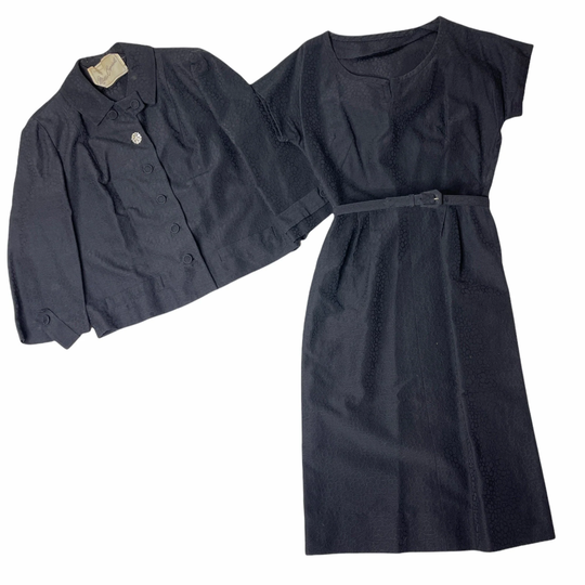 Vintage 50S Black Pencil Dress Matching Jacket Jaquard Fitted Small