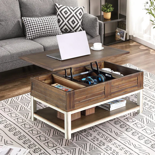 Rustic Farmhouse Extendable Lift Top Coffee Table 4 Legs with Hidden Storage Drawer and Shelf - L37.5"x W21.5"x H24"