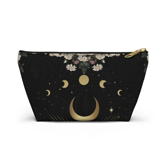 Moon Phase Bag, Cottagecore Pencil Pouch, Mystical Rose Makeup Large Flat Pouch Case, Travel Organizer, Witchy Zip Bag