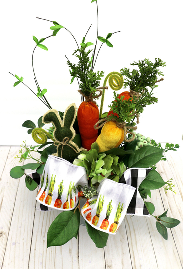 Spring Table Centerpiece, Easter Arrangement, Velvet Carrots, Moss Bunny, Designer Ribbons, Hand Tied Bow, Unique Decorations