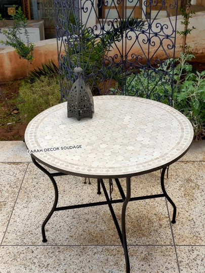 Handmade Moroccan Mosaic Table, White & Beige Round Tile Table Top For Outdoor Or Indoor Living, Bistro
