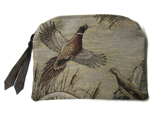 Large Brown Leather Zippered Pouch Pencil Case Office Desk Organizer Tapestry Fabric Gift For Dad