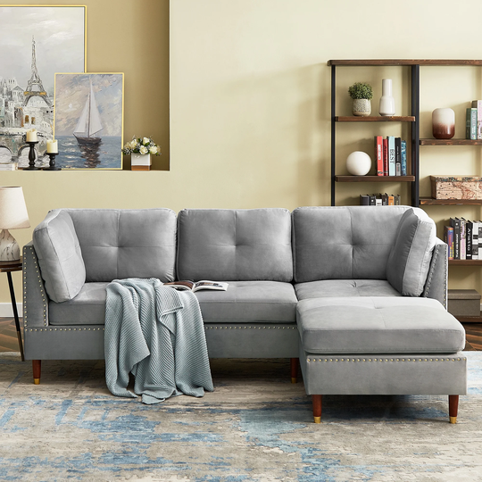 Modern Sectional Sofa L-shaped Couch Velvet Upholstered 3-seater Sofa with Ottoman and Nail Head Decorate for Living Room