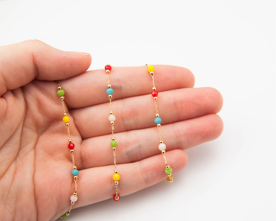 50 cm - 5 Color Chain, 3.5mm Glass Muti-Color Chain, Jewelry Supplies, 14K Gold Plated Over Brass [Ch0341-Pg]