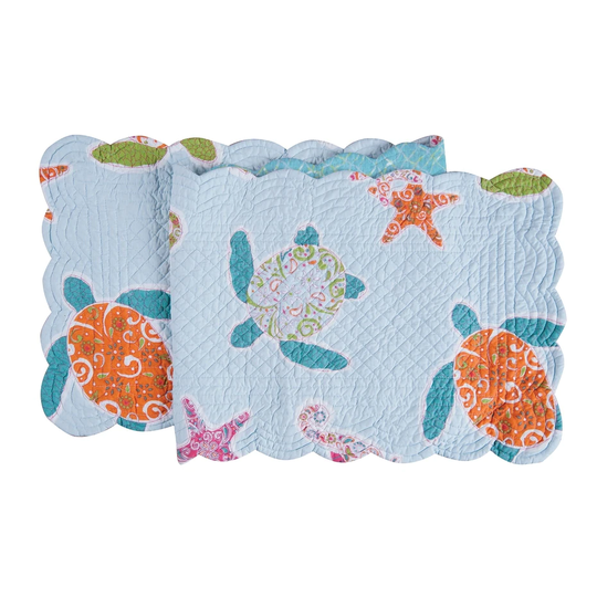 St. Kitts Sea Creatures Quilted Reversible Table Runner 51 Inches - Blue
