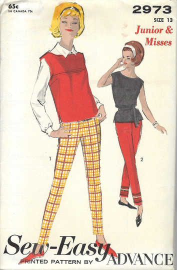 Advance 2973 1960's Pencil Leg Pants, Fitted Blouse Pattern, Size 13 Bust 33, Uncut