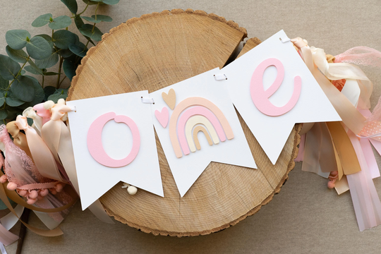 Boho Rainbow One Banner High Chair First Birthday Decor Girl Baby Pink Blush Cream Party Sign
