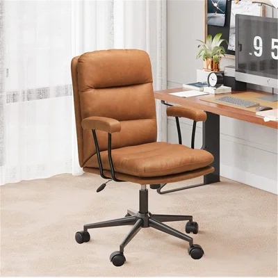 Leather Office Chair Mid Century Modern Desk Chair Brown Home Office Computer Chair With Arms, Adjustable Back 40°, Capacity 400lbs
