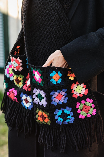 Granny Square Scarf, Handknit Colorful Knitted Scarf, Fringe Wool Wool Granny Sqaure Winter Scarf