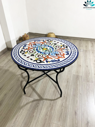 Marrakech Mosaic Table Floral 100% Handcrafted Tiles For Outdoor & Indoor Round, Customizable Colors Pattern, Mid Century