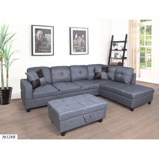 3 PC Sectional Sofa Set, Faux Leather Right -Facing Sofa with Free Storage Ottoman