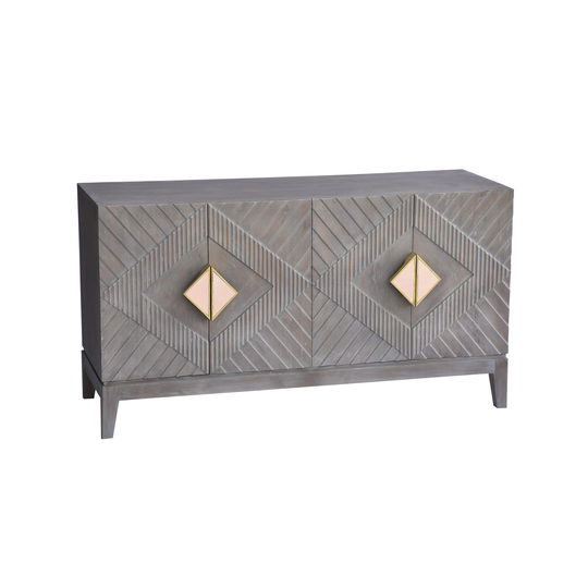 Abiel 55 Inch Mango Wood Sideboard Buffet Cabinet Console, 4 Doors, Inner Shelf, Ornate Diamond Carving, Gray