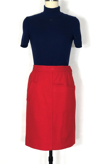 1980S Courreges Wool Pencil Skirt - Small Red-Orange Red With Asymmetrical Pockets