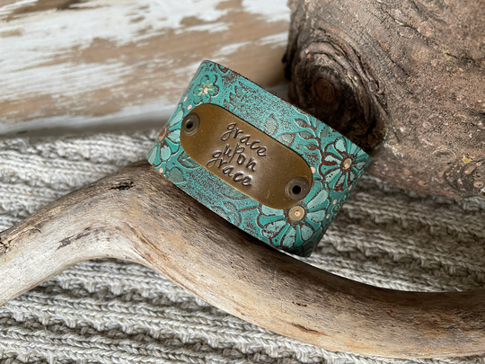 Leather Word Cuff-Weathered Leather - -6 Inch Wrist-Grace Upon Grace