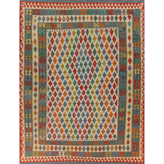 Reversible Multi-Color Kilim Area Rug Flat-weave Wool Carpet - 8'4" x 9'8"