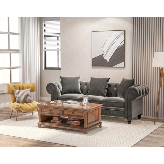 2 Pieces Chesterfield Sofa Set Button Tufted Velvet Upholstered Low Back Loveseat & 3 Seat Sofa Roll Arm Classic