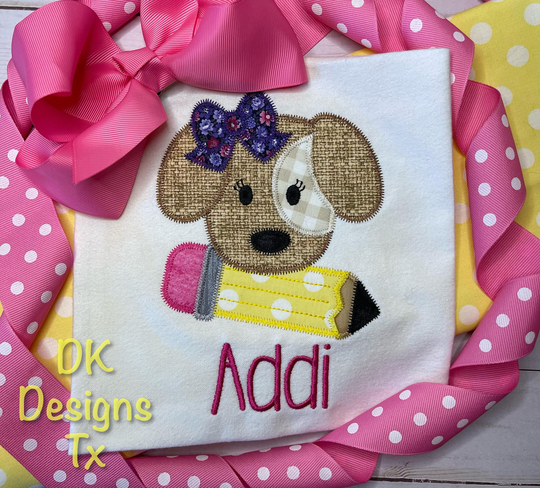 Girls Back To School Shirt, Puppy Pencil Applique Embroidered Custom Embroidery, Shirt