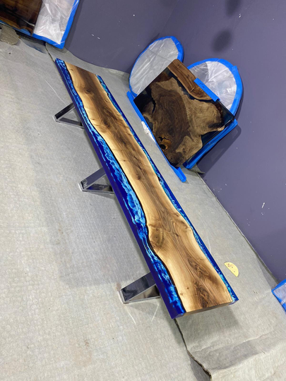Handmade Epoxy Table, Dining Resin Custom 98" X 17" Walnut Ocean Blue, River Bench Order For Christy
