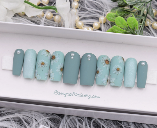 Soft Sage Green Press On Nails White Floral Nails, Nail Art Pearls Iridescent Gradient Choose Your Shape Glossy Or Matte Fake Mint