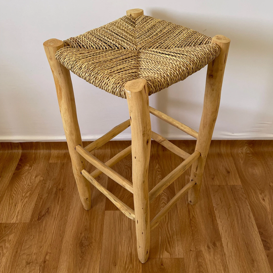 Rattan Bar Stools Handcrafted Chair, Braid Straw Stool, Vintage Berber Stool Woden Bench, High Bar Stool 110 cm