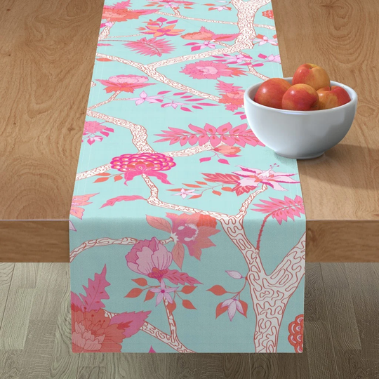 Chinoiserie Table Runner - Peony Branch Mural By Danika Herrick Maximalist Romantic Coral Aqua Cotton Sateen Spoonflower