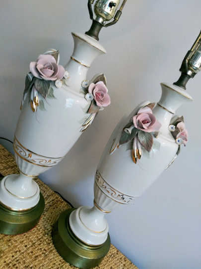 Pink Applied Porcelain Roses Table Lamps Set From Mid Century/Capodimonte Era On 2 Lovely Cream Grecian Urns With Gold Gilding