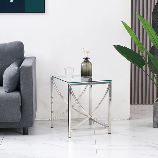 Stainless Steel Cube End Table Silver Glass Table for Living Room