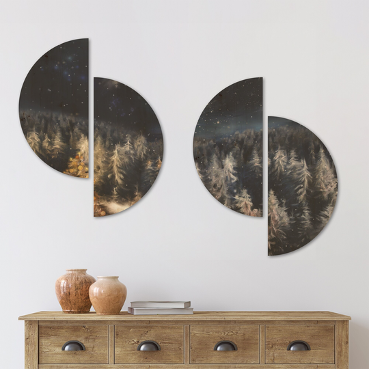 Designart 'Night Forest Christmas Tree' Landscape Wood Wall Art Set of 4 Half Circles - Multi-Color