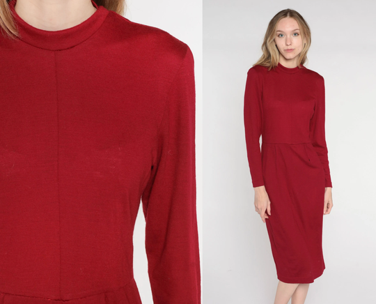 Red Wool Midi Dress 70S Mock Neck Sheath Boho Pencil Long Sleeve High Waisted Simple Chic Classic Secretary Vintage 1970S Small S 4