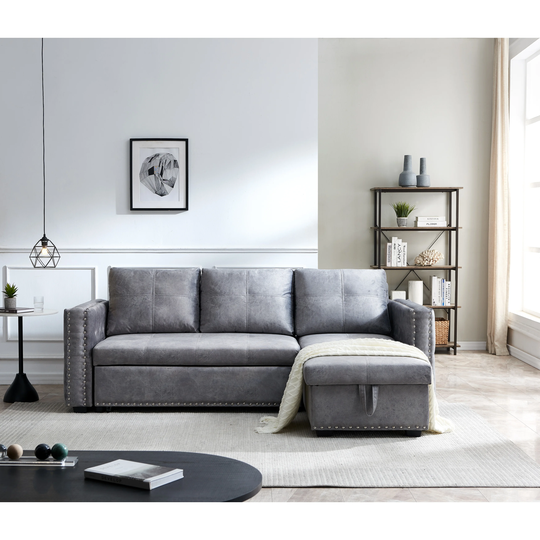 Vintage Style Sectional Velvet Upholstered Sofa, Pulled out Sofa Bed, Sofa with Reversible Storage Chaise & Inlaid Copper Nail