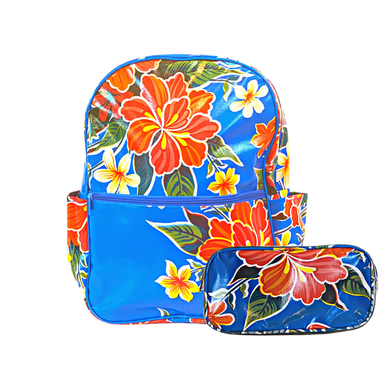 Alux Backpack With Matching Pencil Case in Hibiscus Blue - Durable, Waterproof & Wipeable Book Bag For Kids & Adults