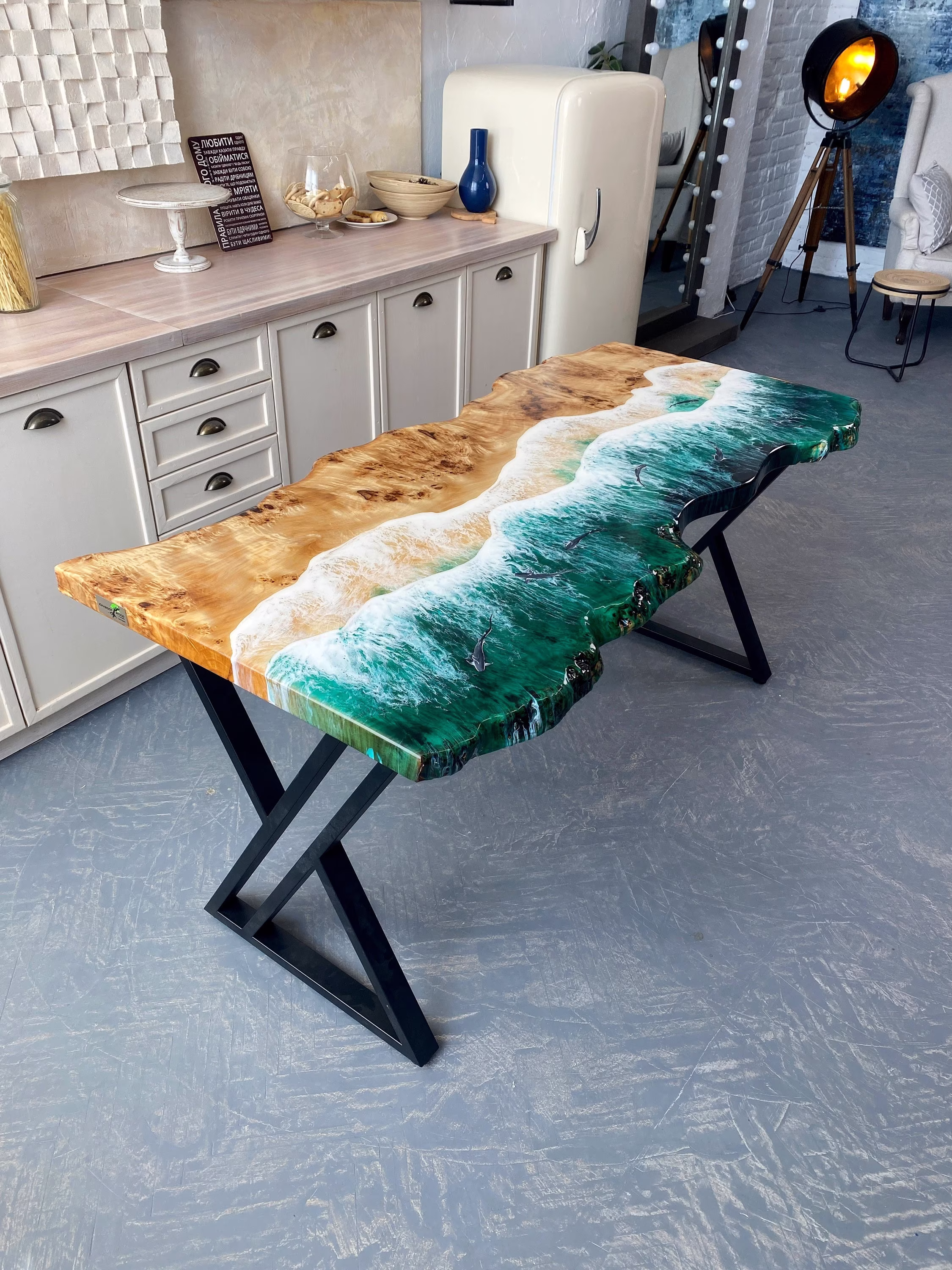 Epoxy Resin Table With Light, Art Glowing Sharks, Ocean Wave Table, Custom Order Dining