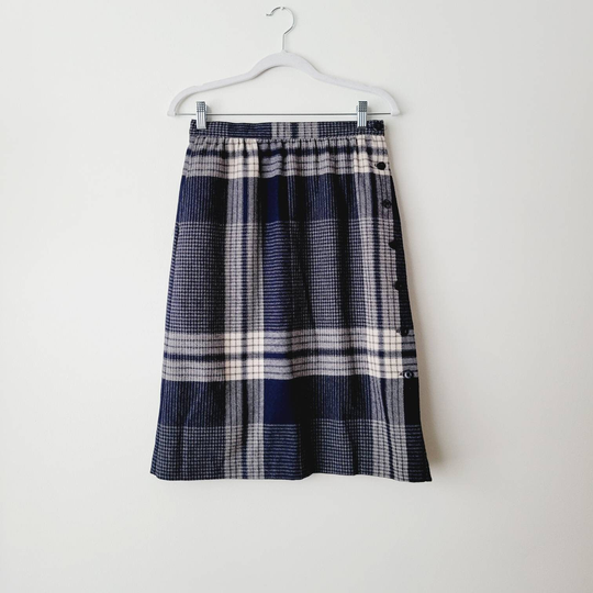 Vintage Blue & White Plaid Wool Skirt. Preppy Dark A-Line Pencil Retro Tartan Schoolgirl Mod Light Academia Aesthetic