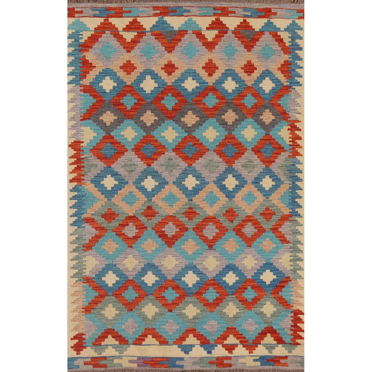 South Western Kilim Rug Flat-weave Multi-Color Oriental Wool Carpet - 3'3" x 5'2"