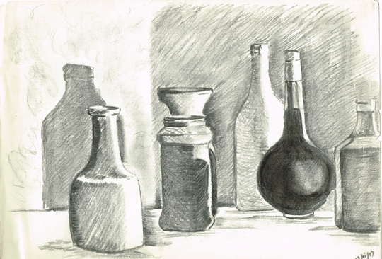 Vintage Original 1980S Pencil Sketch Painting Of Bottles - Still Life
