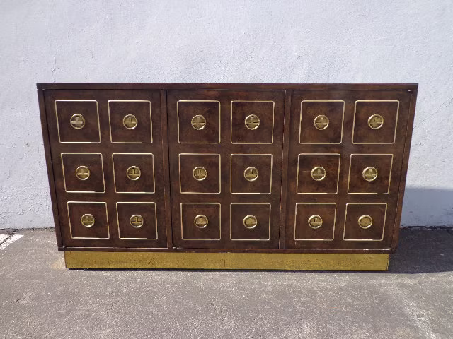 Vintage Mastercraft Credenza Buffet Console Sideboard Burl Brass Gold Storage Hutch Hollywood Regency Glam Mid Century Dining Tv Cabinet