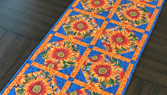 Blue & Orange Sunflower Themed Table Runner, Quilted Decor, Southwestern Floral 14.25" X 47.5"