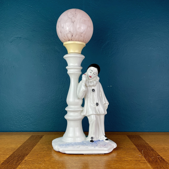 Mid-Century White Ceramic Table Lamp Pierrot 1960S Retro Home Decor Vintage Bedside