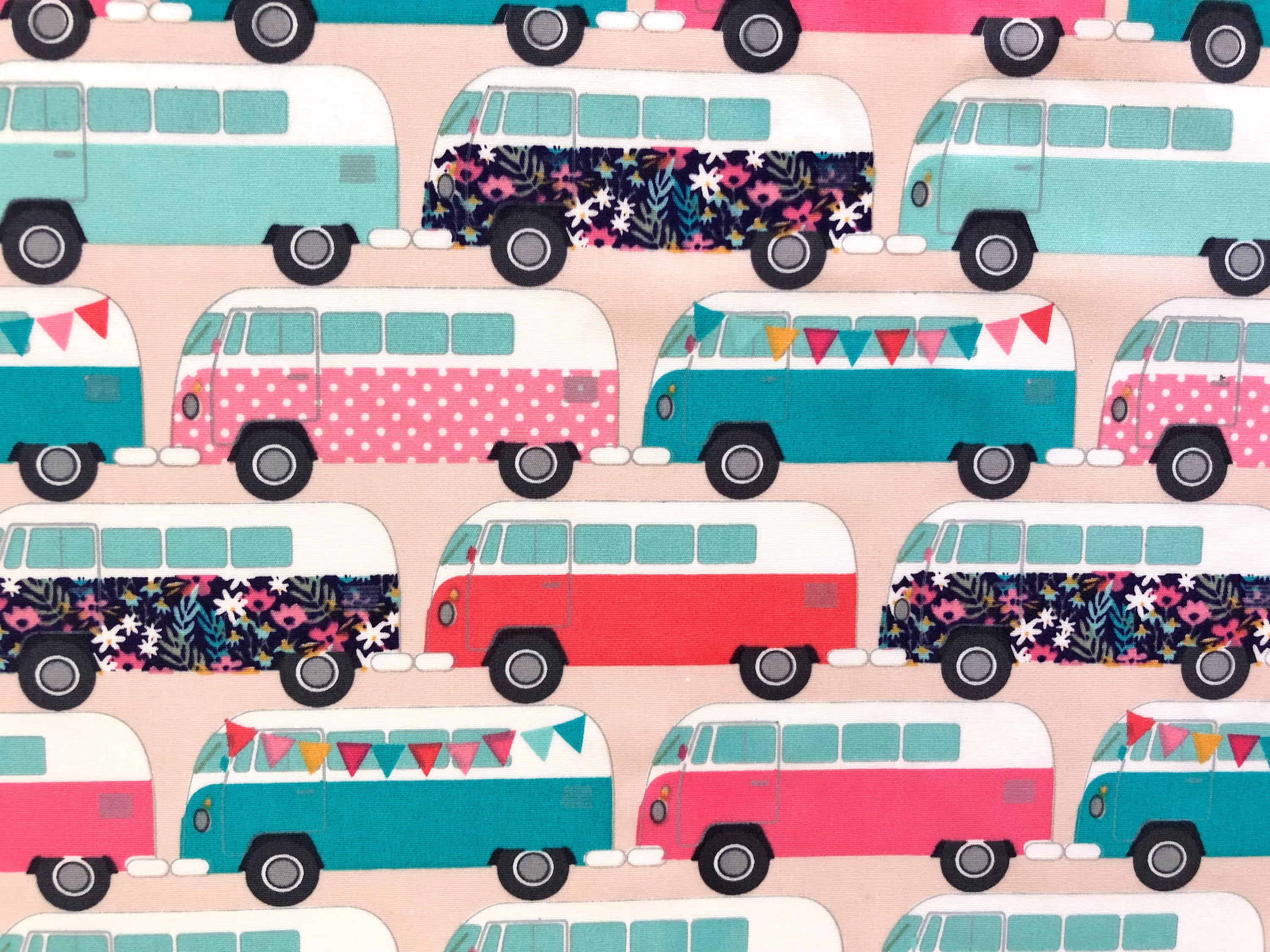 Classic Retro Camper Vans Pale Pink Quilting Cotton Fabric By 1/2 Yard Or Fat Quarter, Bike Riding Monsters Rainbow