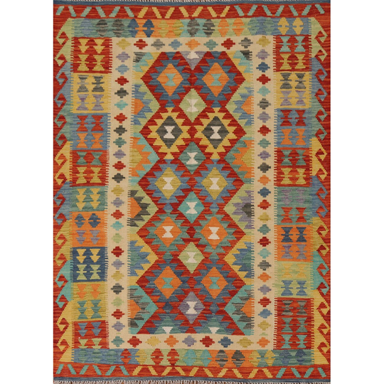 Geometric Multi-Color Kilim Area Rug Flat-weave Oriental Wool Carpet - 4'10"x 6'3"