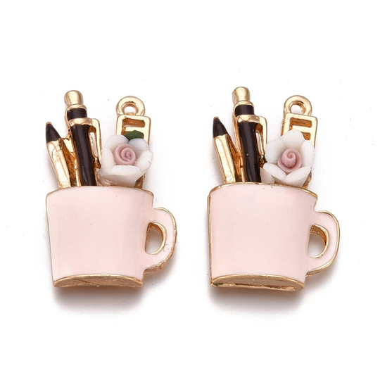 5Pcs 24mm Pink Pencil Pen Cup Holder 3D Pendant Charm Charms For Necklace Bracelet Pendants Jewelry Making