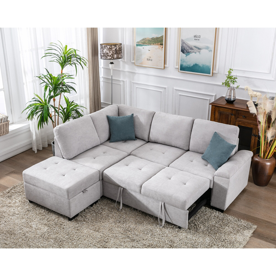 CTEX 86" Sleeper Sectional Sofa, L Shape Corner Couch Sofa-Bed with Storage Ottoman & Hidden Arm Storage for Living Room