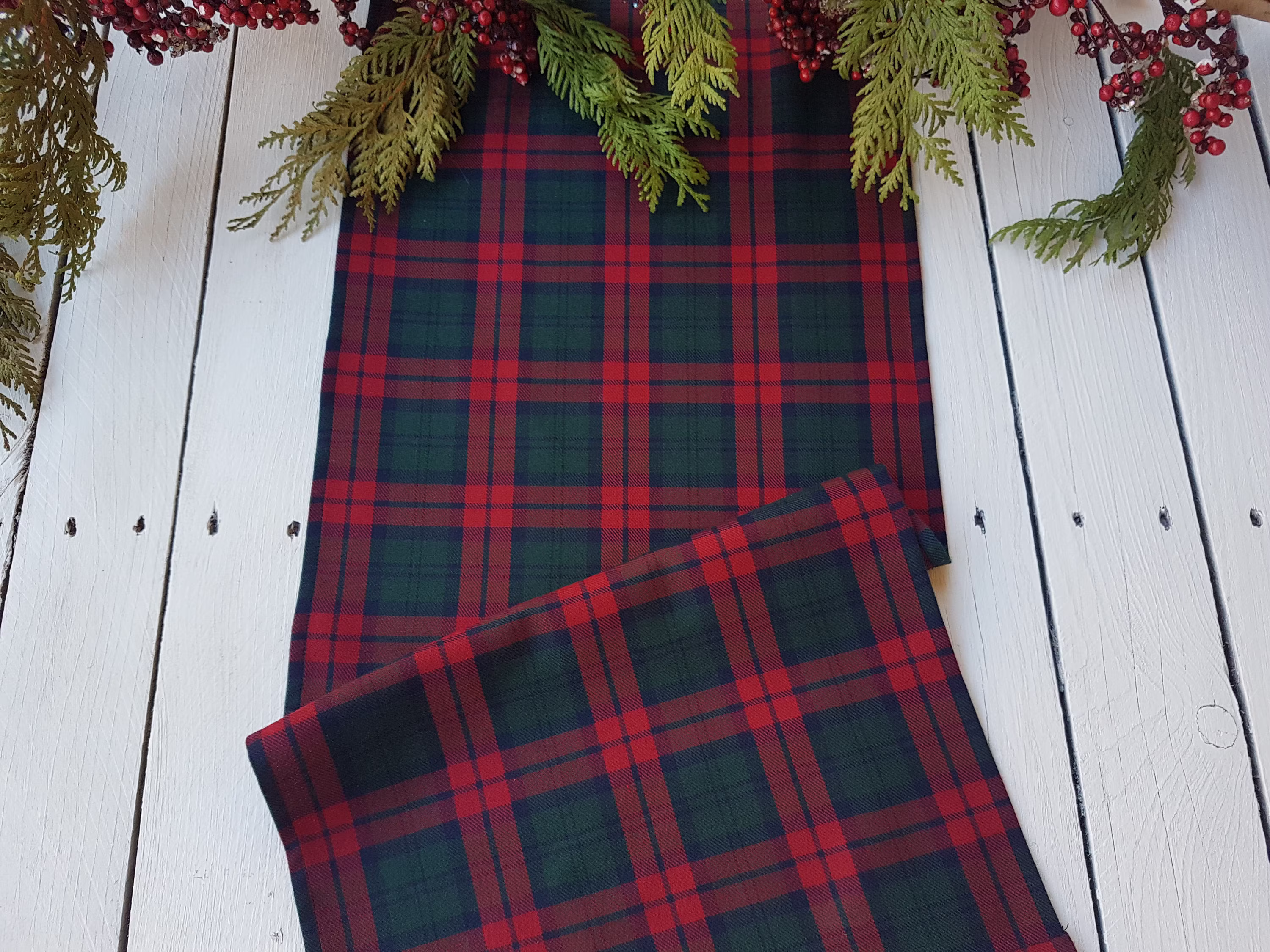 Burgundy Plaid Table Runner -, Tartan, Check, Burgundy, Blue, Black, Green, White
